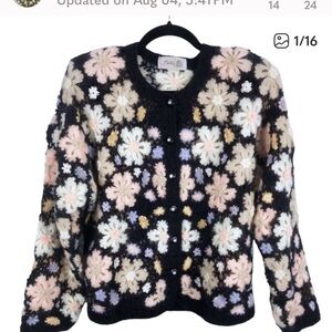 RARE‼️ Crochet Cardigan Mohair Black Floral Button Down , by Flame Size L